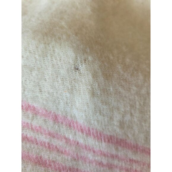 VTG Wool Blanket twin 82x65 Cream & Pink Stripes flaws cottage corps prairie - Picture 3 of 9